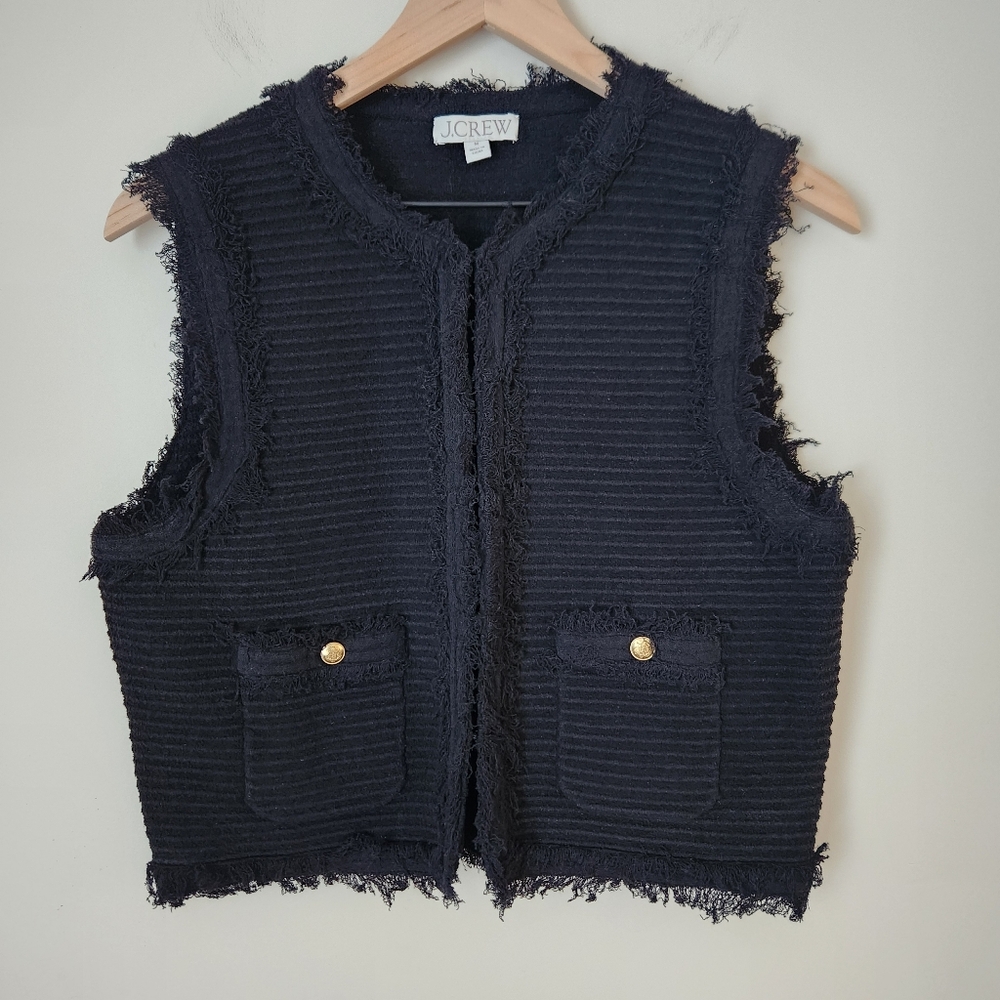 J. Crew Black Textured Fringe Trim Sleeveless Vest - Picture 2 of 11